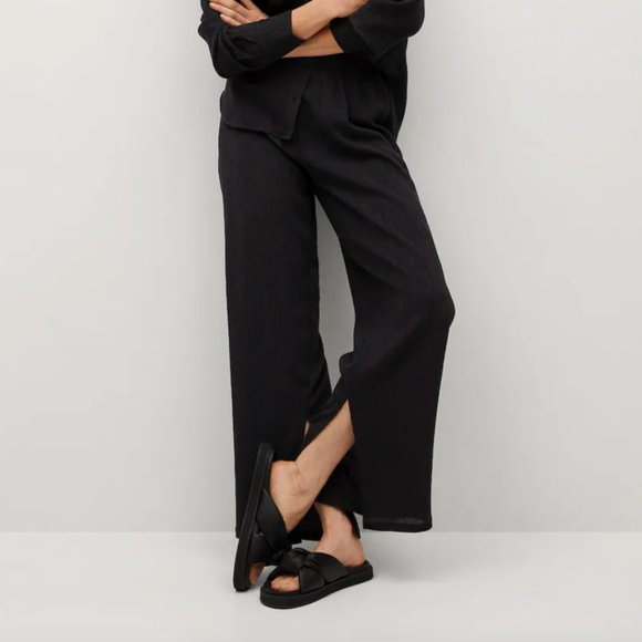 Mango Straight Lyocell Pants Black High-Rise Straight-Leg Flowy - Picture 2 of 6